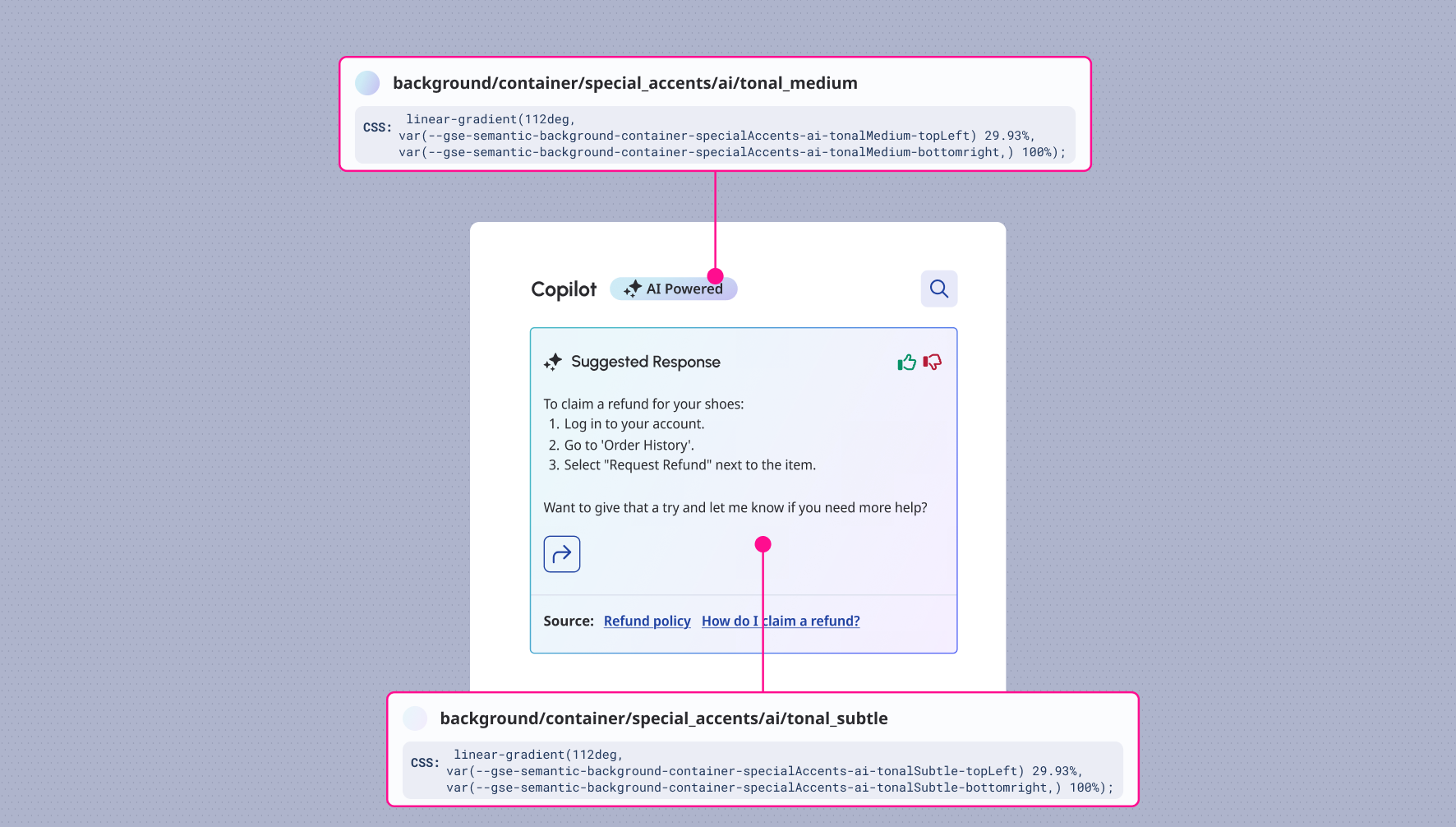 AI feature elements are displayed with gradient backgrounds.