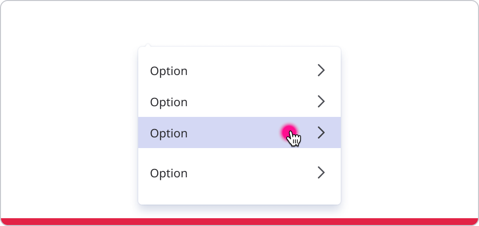 Cascading menu with pointer selecting an option that opens a submenu upon click.