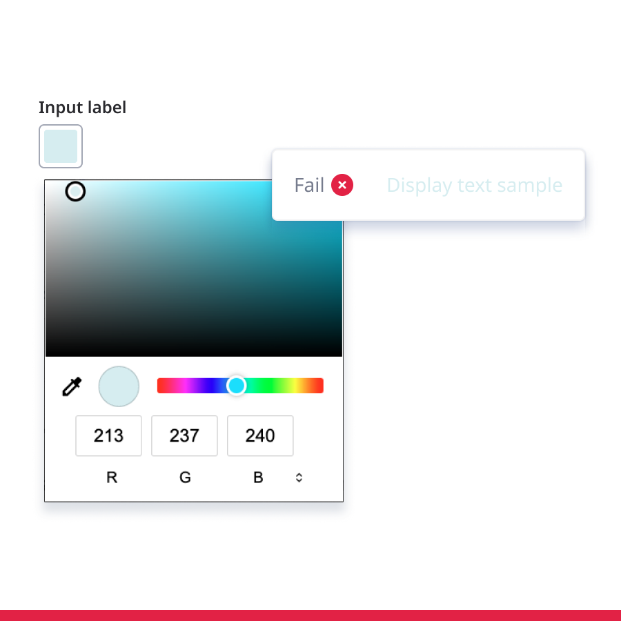 Colour picker with RGB controls and contrast indicator showing fail for the selected colour.