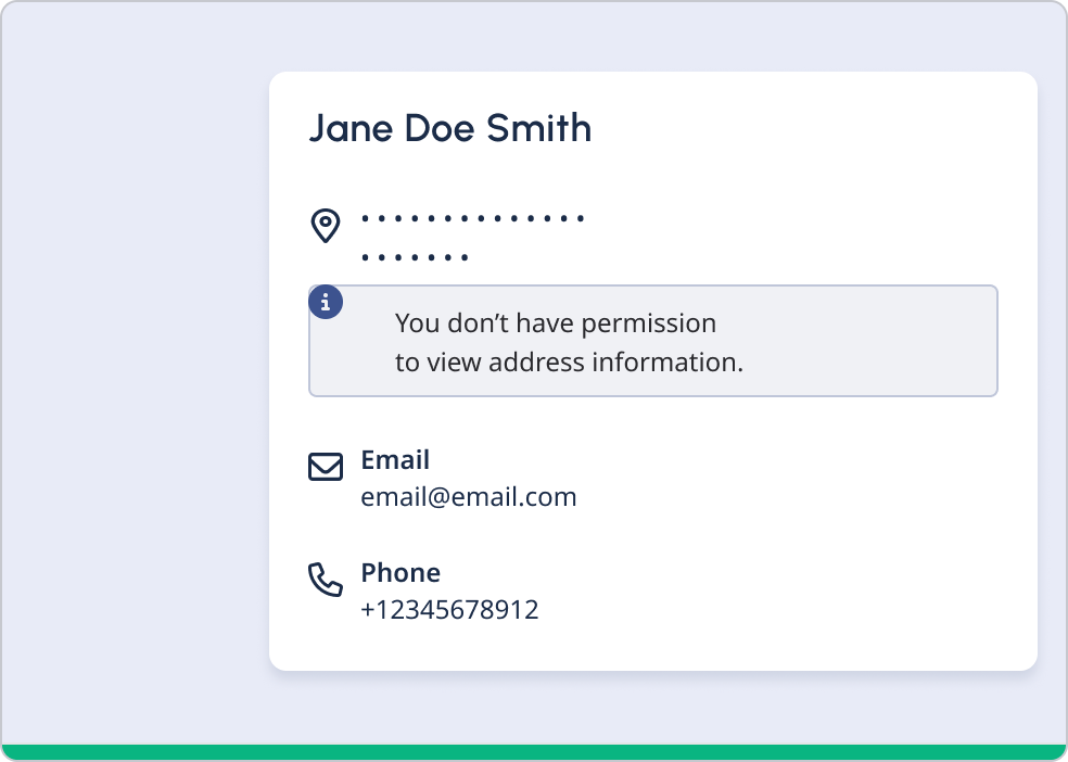 Spacious card with visible emails and phone numbers, but the address is redacted with an info message explaining why.