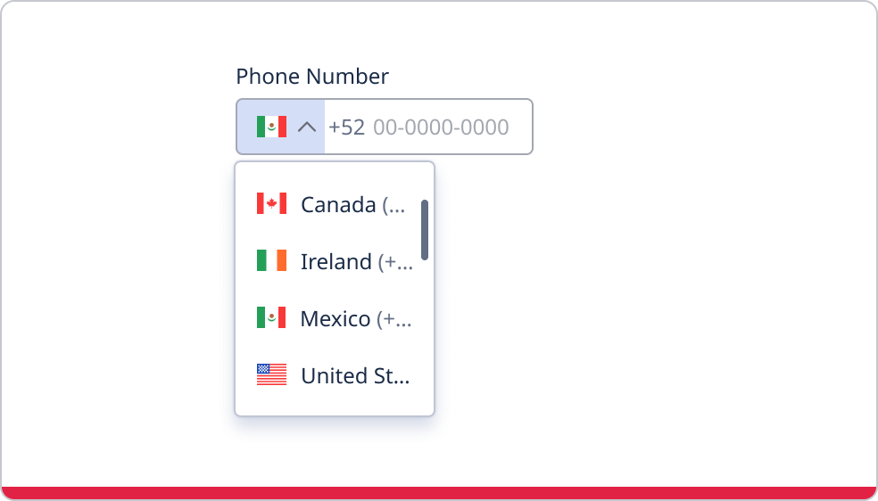 Phone number input field with country selector submenu open and country options truncated.