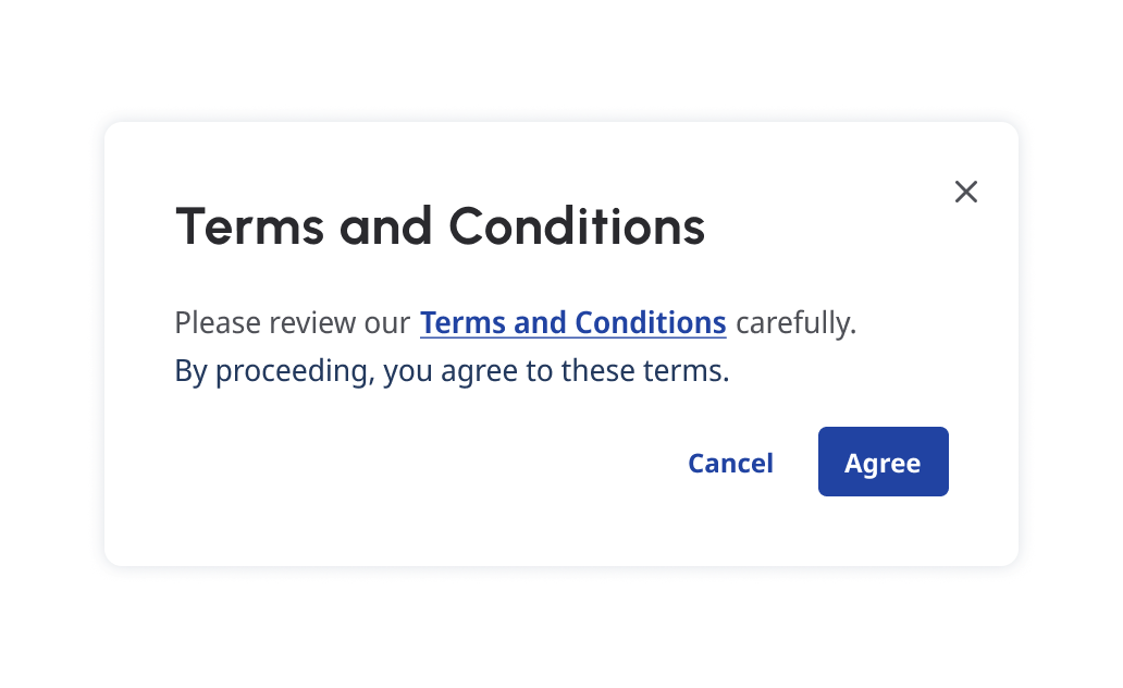 A terms and conditions popover with one inline link within the body