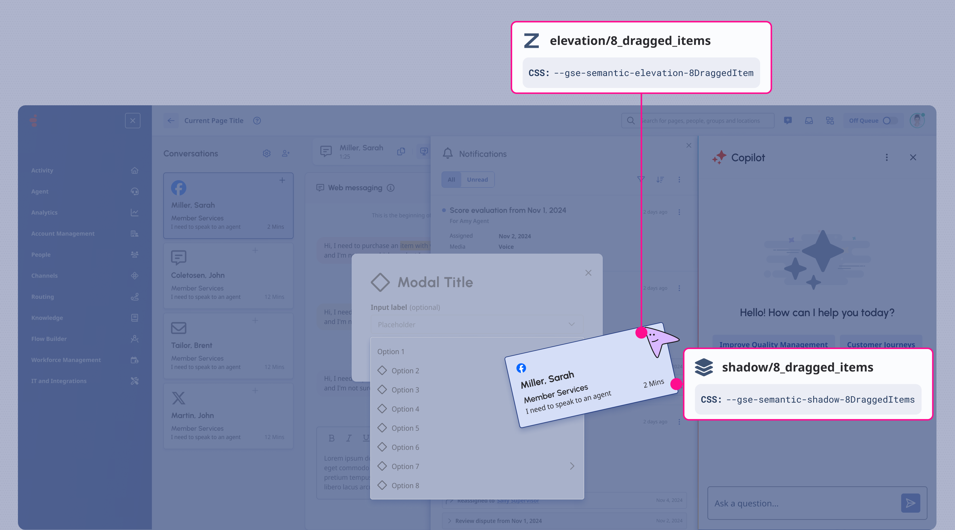 An item being dragged using its Shadow style and Z-Index value.