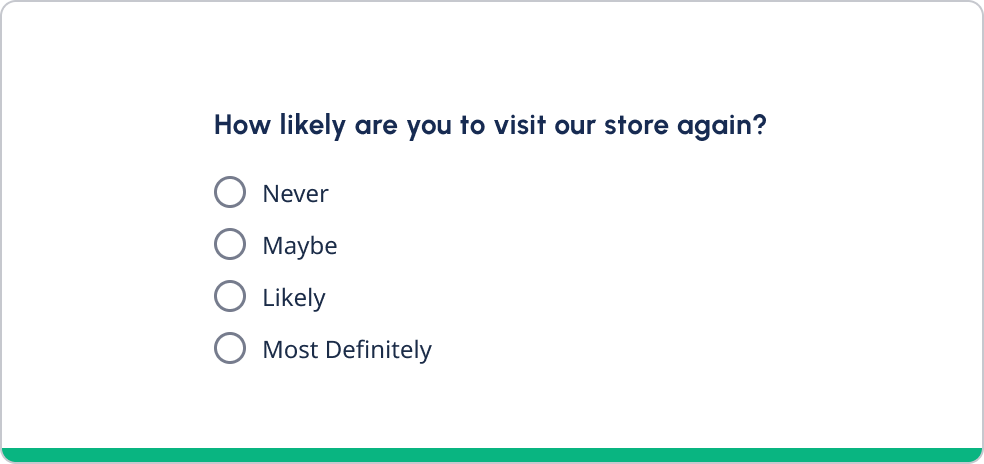 A descriptive question with a scale as four radio button options: 'never' to 'most definitely'.