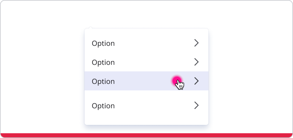 Cascading menu with pointer selecting an option that opens a submenu upon click.