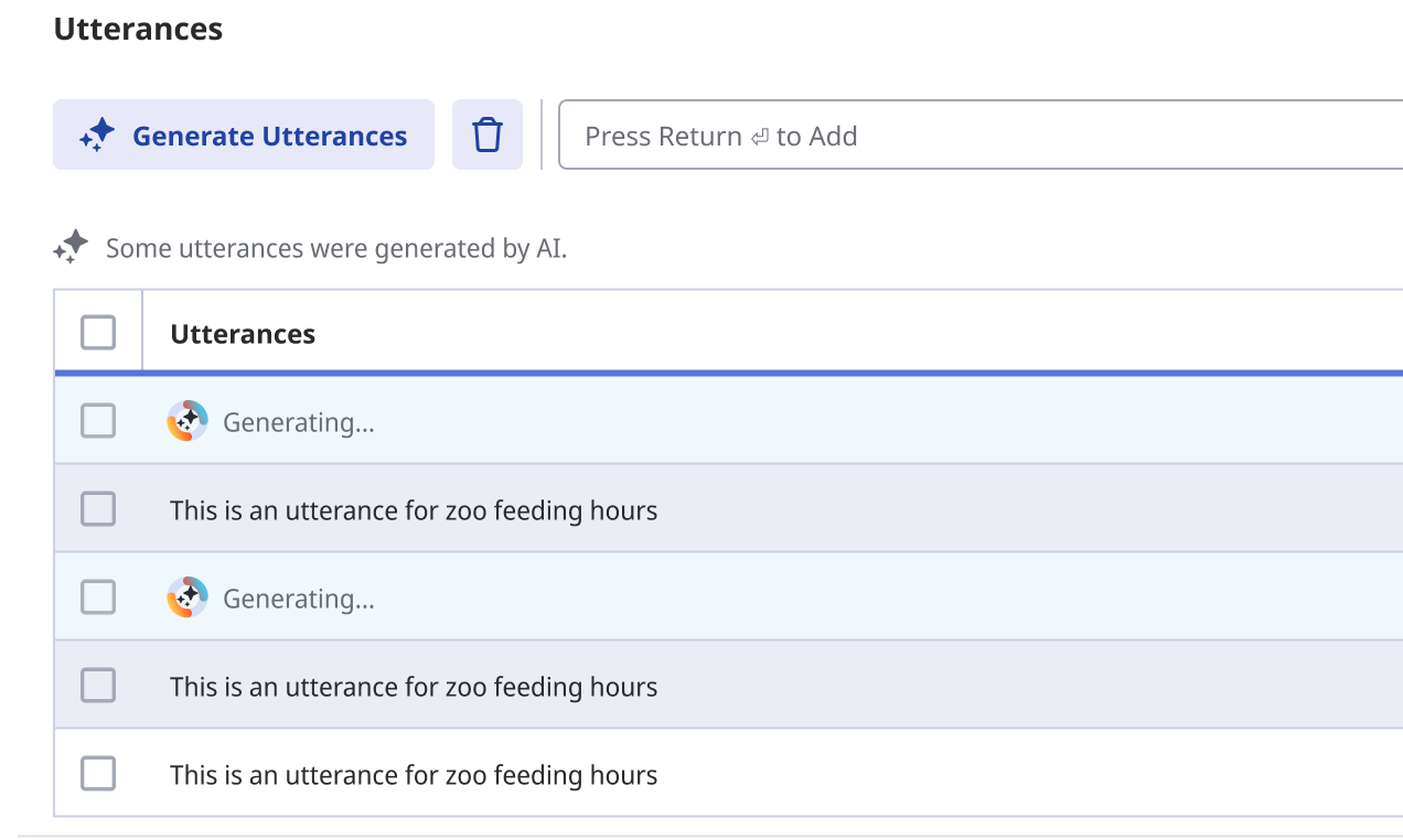 Utterances list with a 'generate utterances' button with the sparkles icon.