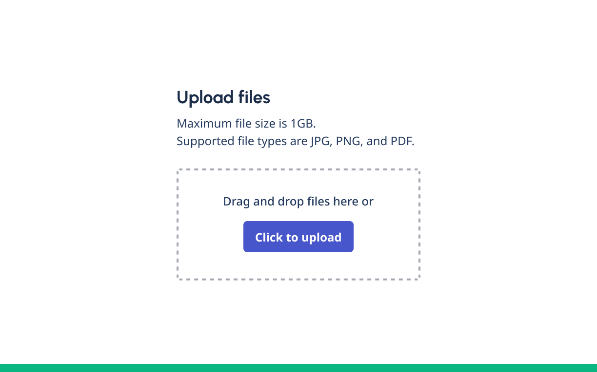 File upload area with drag-and-drop zone and button to select files with acronyms all capitalised.