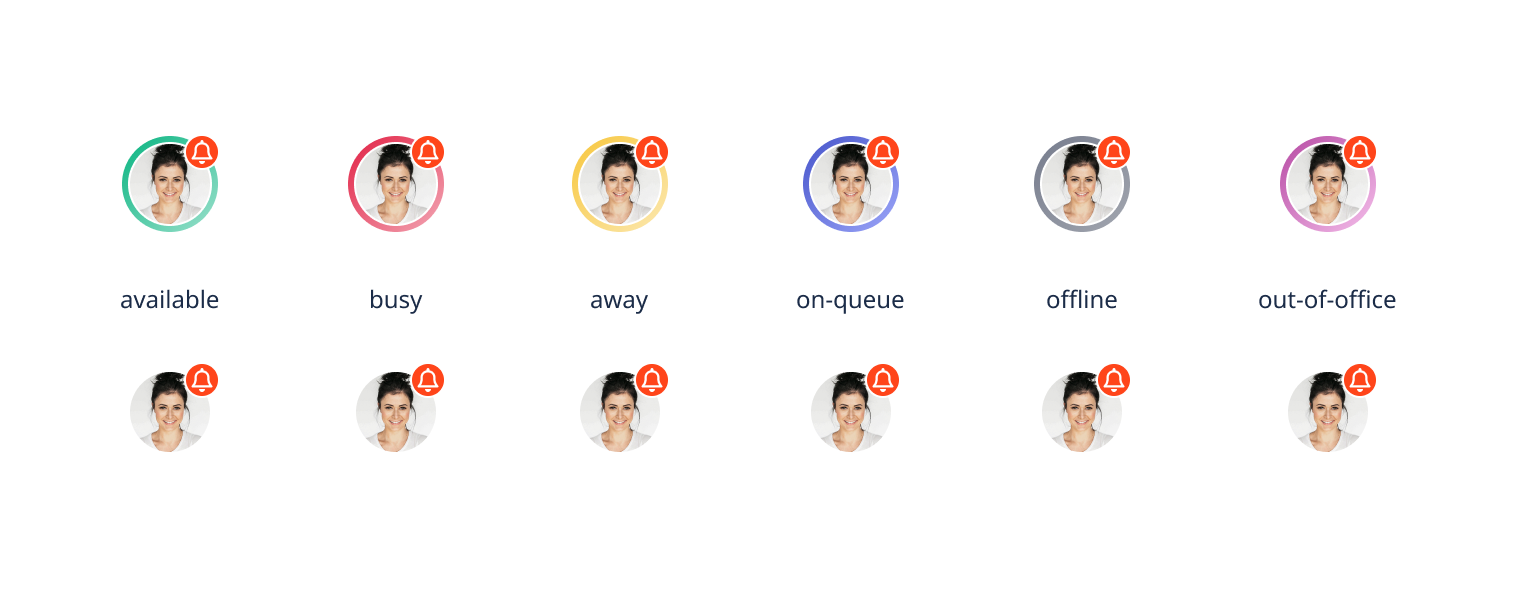 Avatars with different presences are stroked with a notification badge.