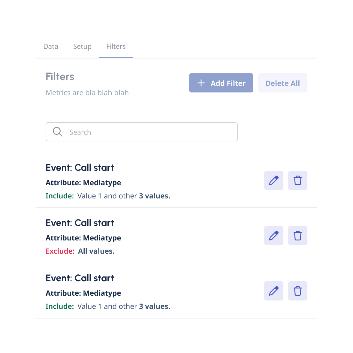 Filters panel listing call start events with edit and delete icon-only buttons.
