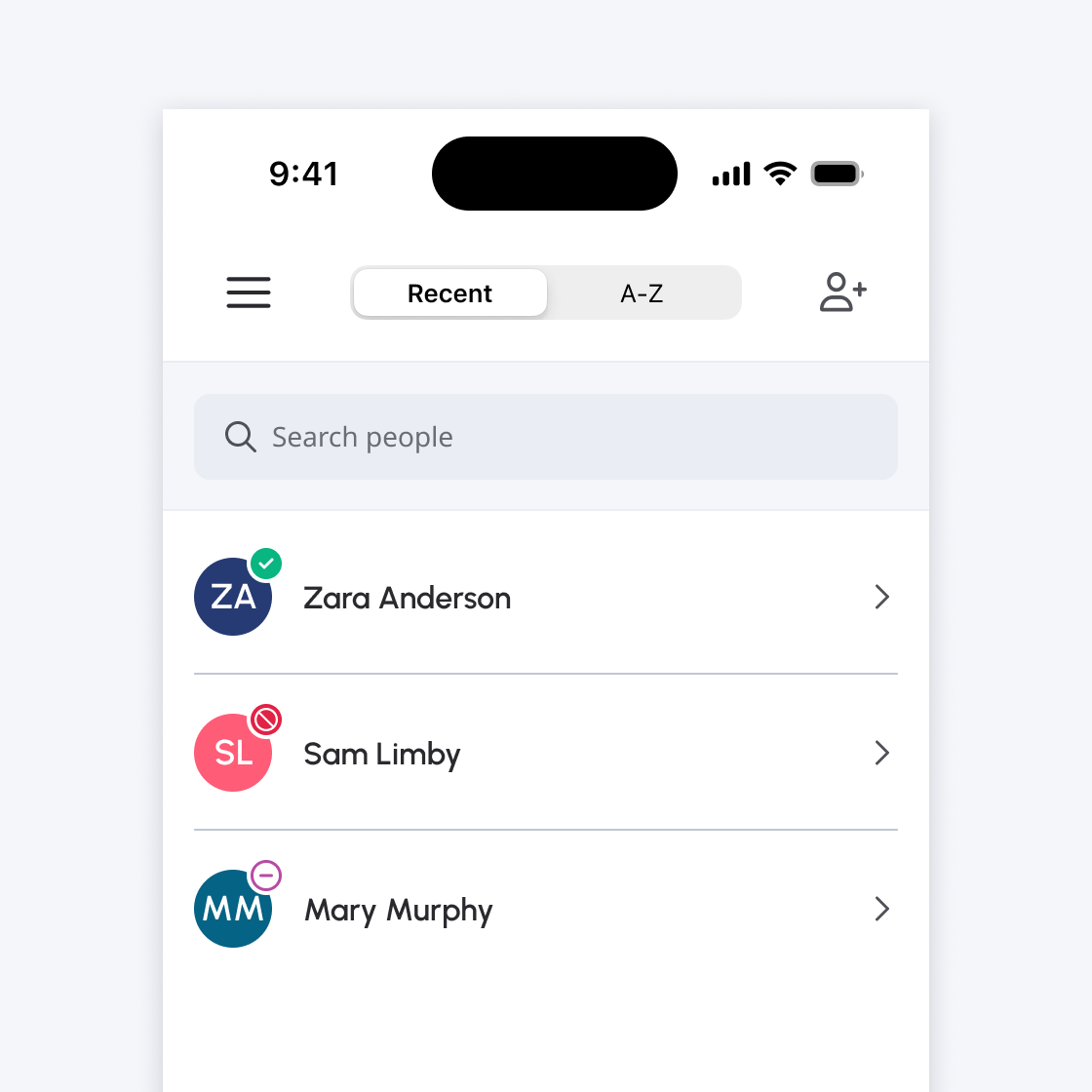 Top navbar with segmented control and search bar below