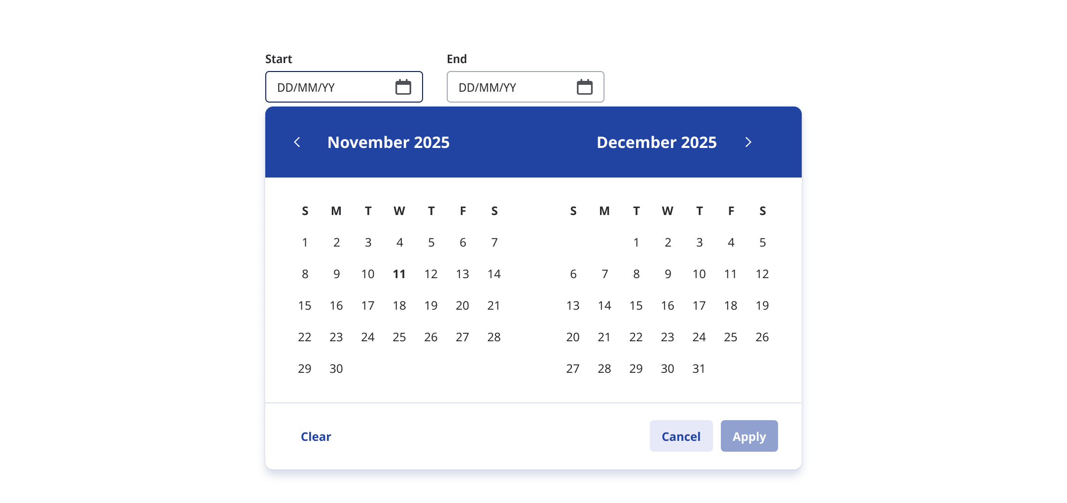 Calendar open with actual day highlighted - Apply disabled