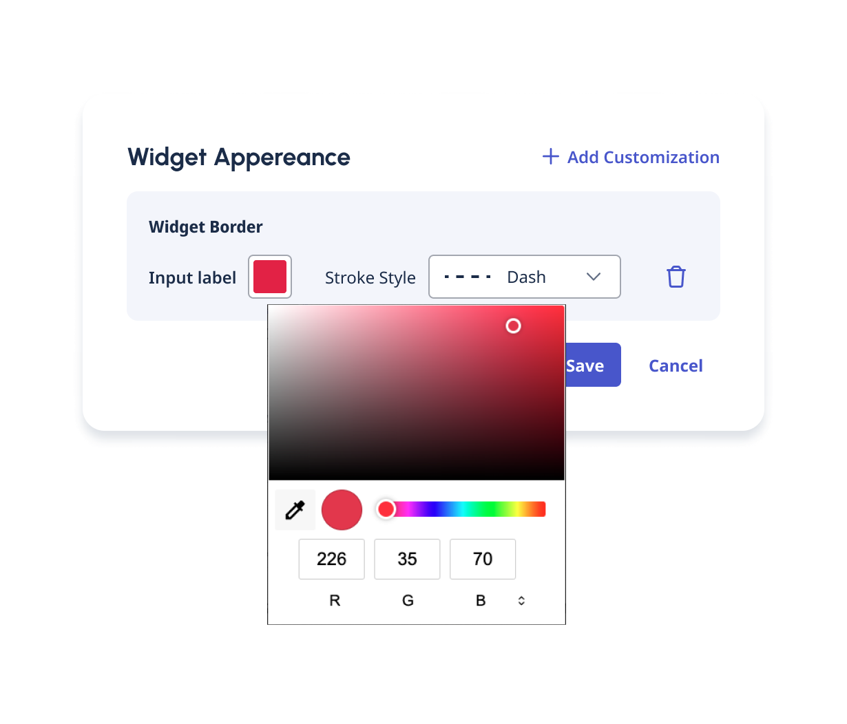 Color picker example for widget border customization using Chrome.