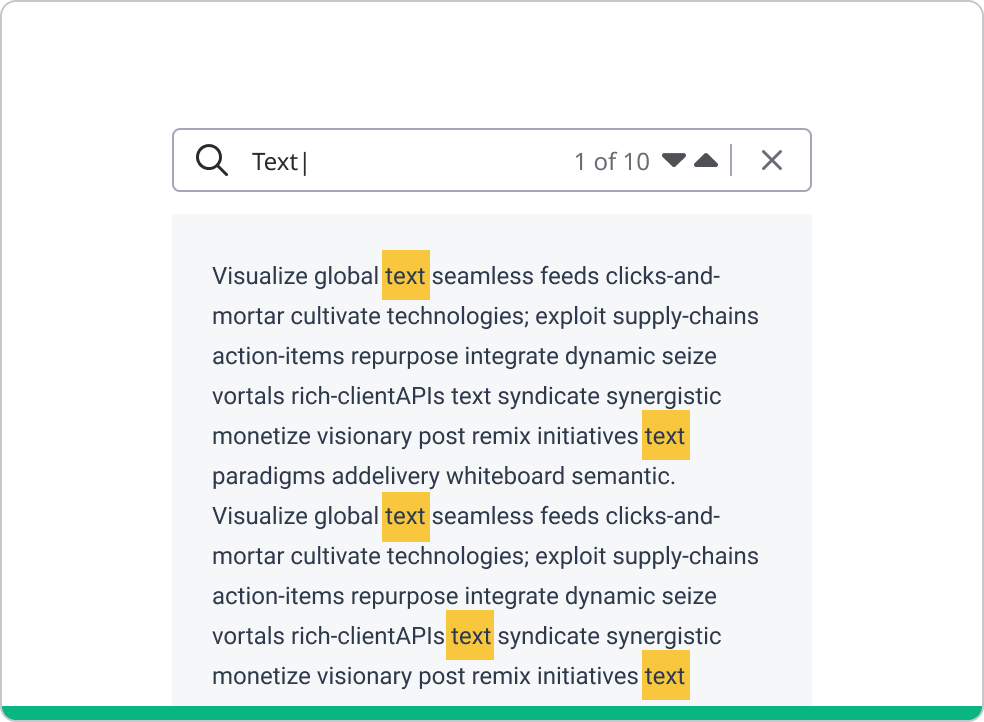 A long transcript using content search to identify the word 'text'.