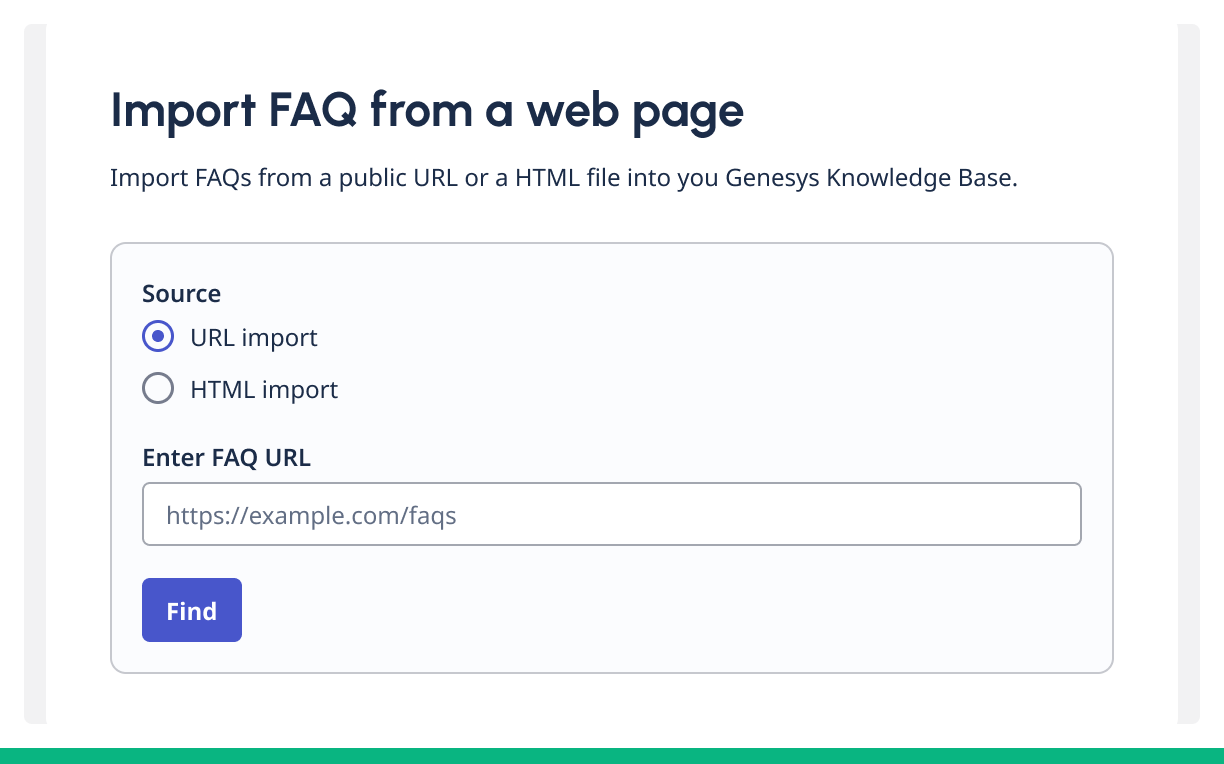 FAQ import form with URL option selected and input field for entering a web address with body copy.