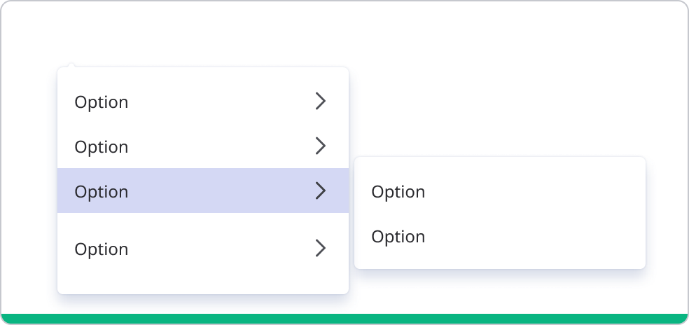 Cascading menu with multiple options each indicating available submenus which open upon hover.