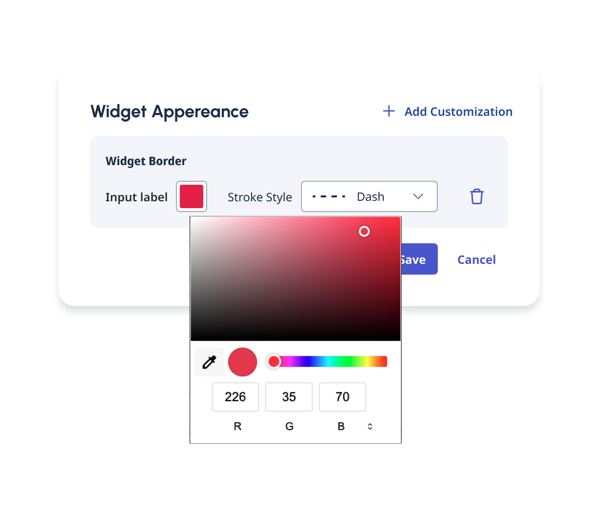 Color picker example for widget border customization using Chrome.