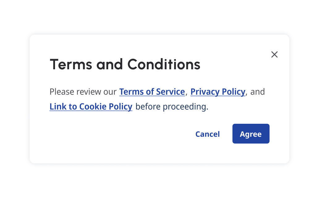 A terms and conditions popover with three inline links within the body