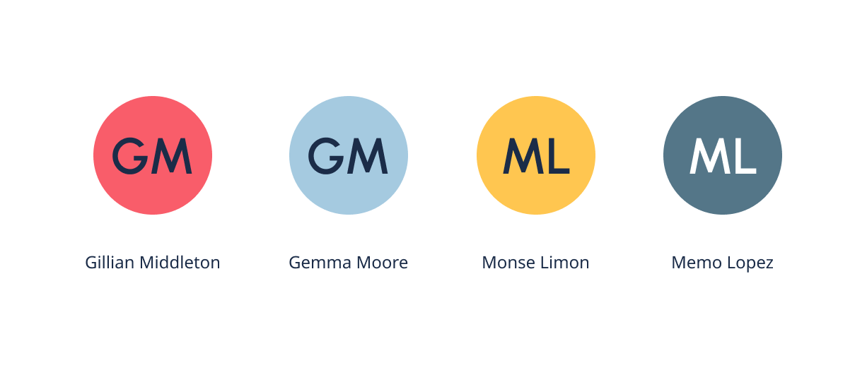 Using different accent colors based on the name helps increase the distinction between avatars sharing the same initials.