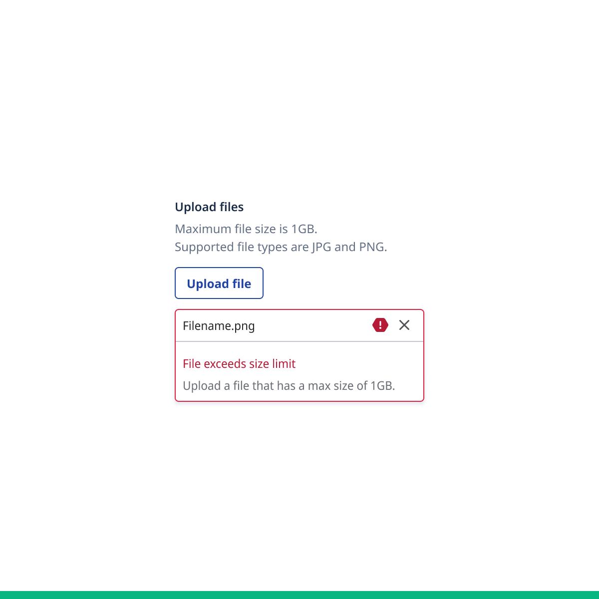 File upload with an error message and helper text.