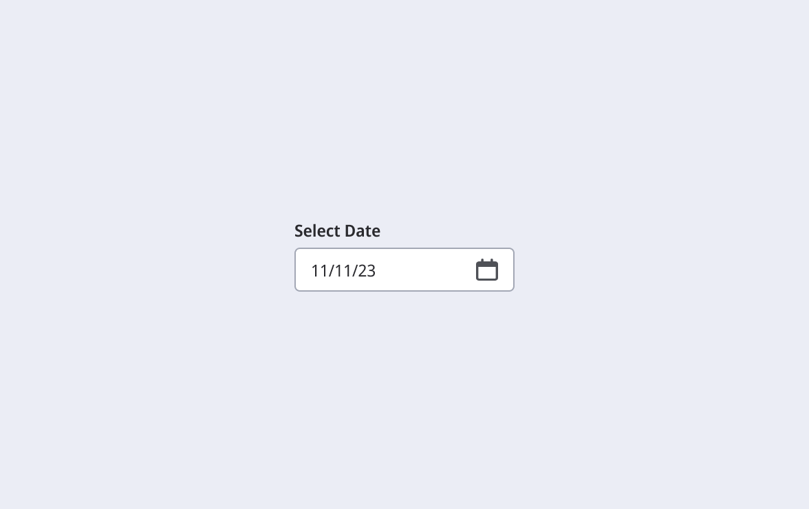 Date picker input field showing a selected date label with a calendar icon button.