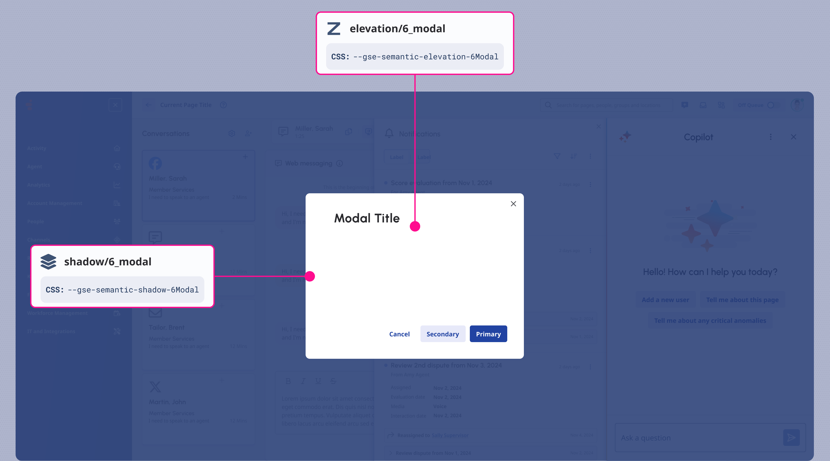 A Modal using its Shadow style and Z-Index value.