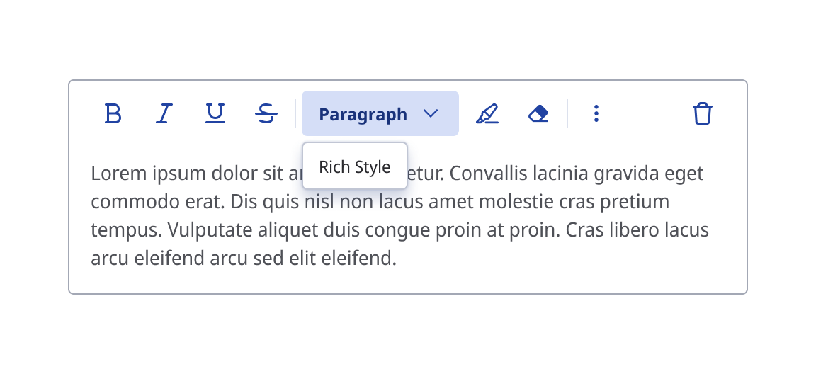 Text editor with option in a dropdown grouped and labelled 'rich style'.