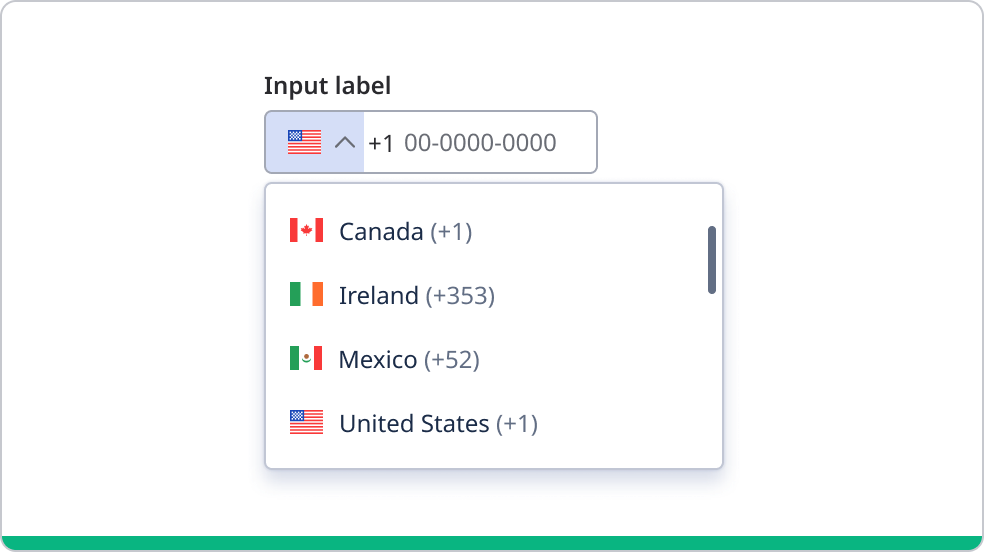 Phone number input field with country selector submenu open