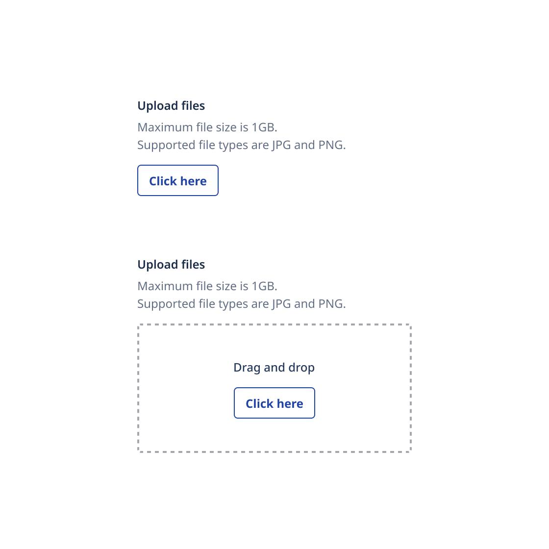 File upload with general CTA, such as 'click here'.
