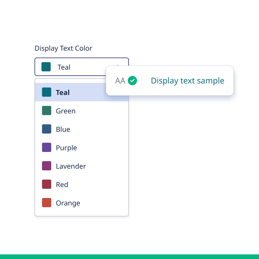 Colour selection dropdown with teal chosen and accessibility contrast indicator showing text that colour will pass.