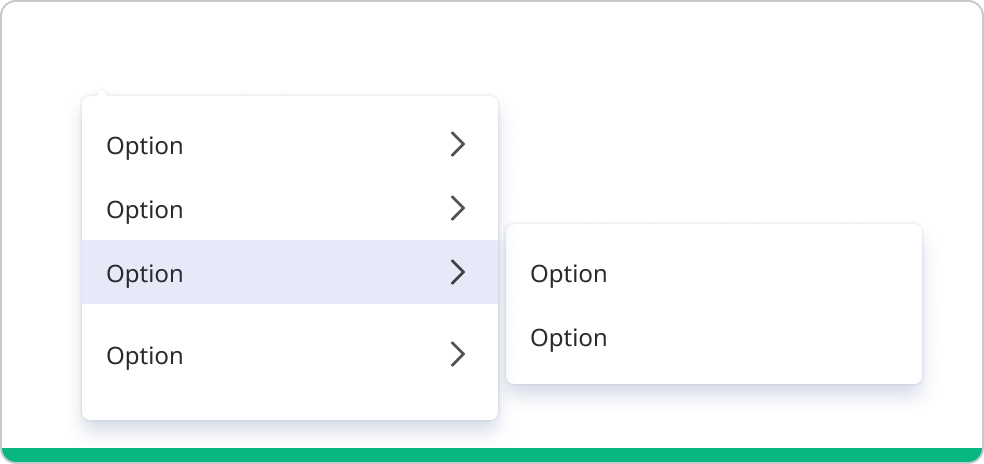 Cascading menu with multiple options each indicating available submenus which open upon hover.
