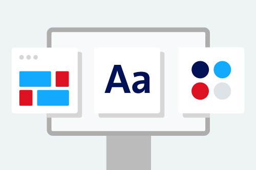 Illustration of a computer monitor displaying three UI design cards: a layout grid, a photo icon with a mountain and sun, and abstract geometric shapes in blue and red. The scene represents Swisscom UX/UI design principles.
