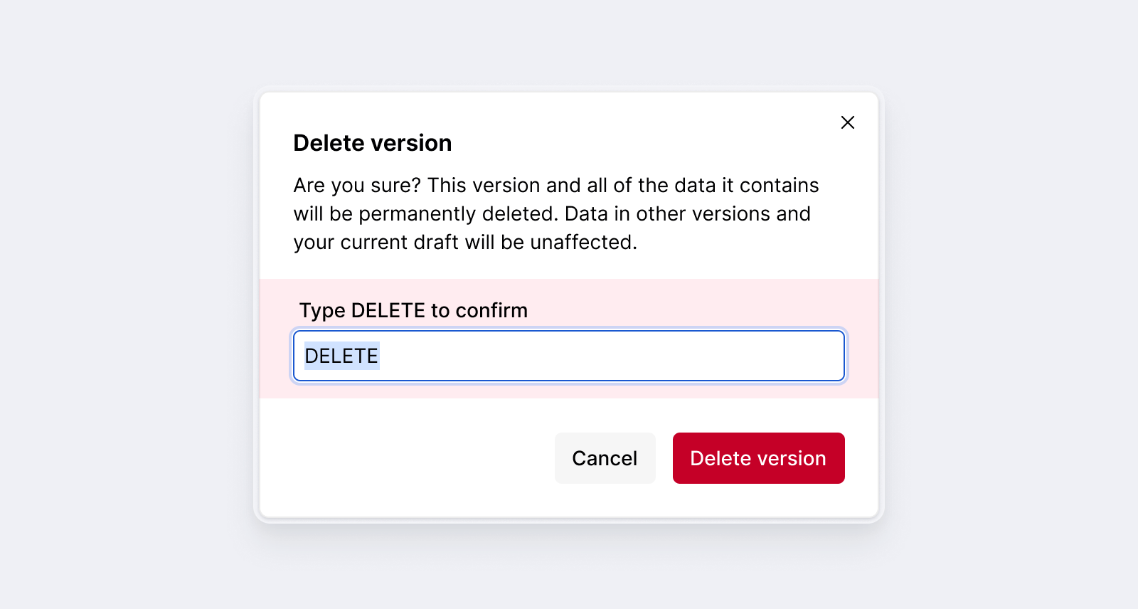 Deleting a version requires confirmation.
