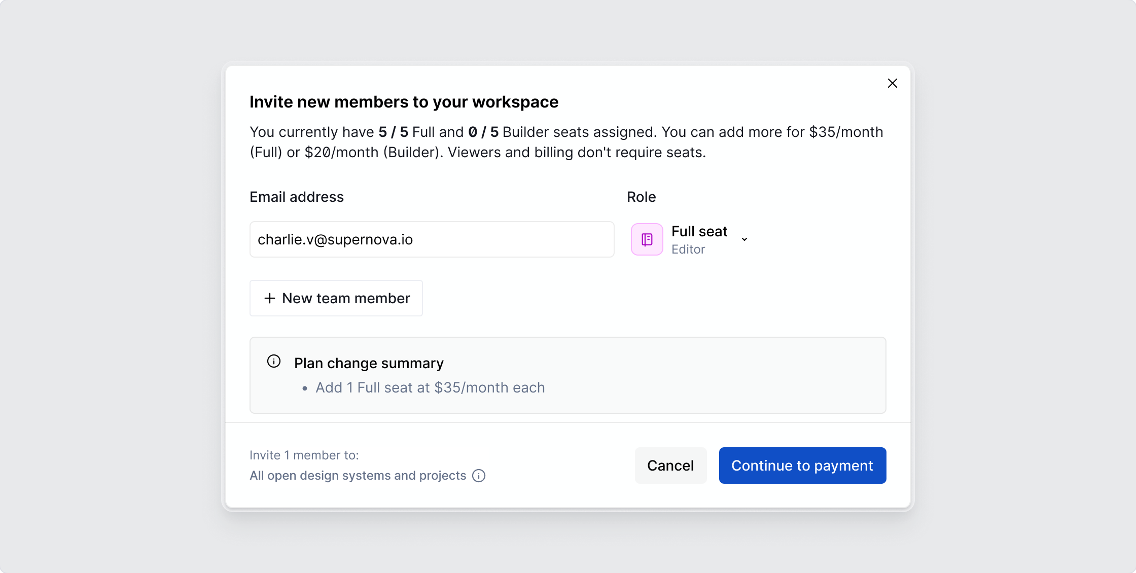 Dialog showing how to add an additional seat when adding a team member.