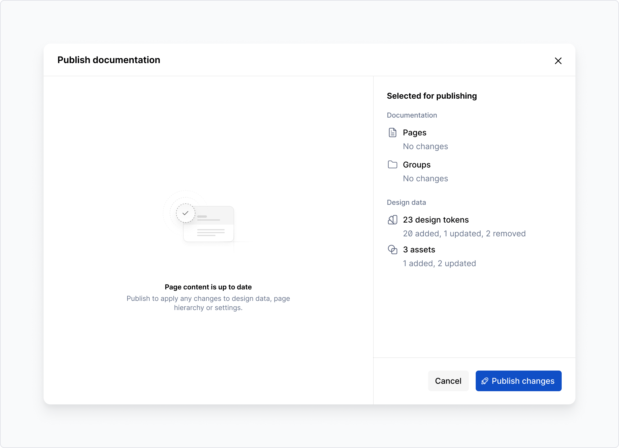 Publish dialog with page content up to date, but with design data changes.