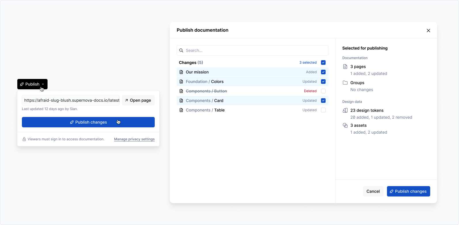 Dialog showing which pages are selected for publishing