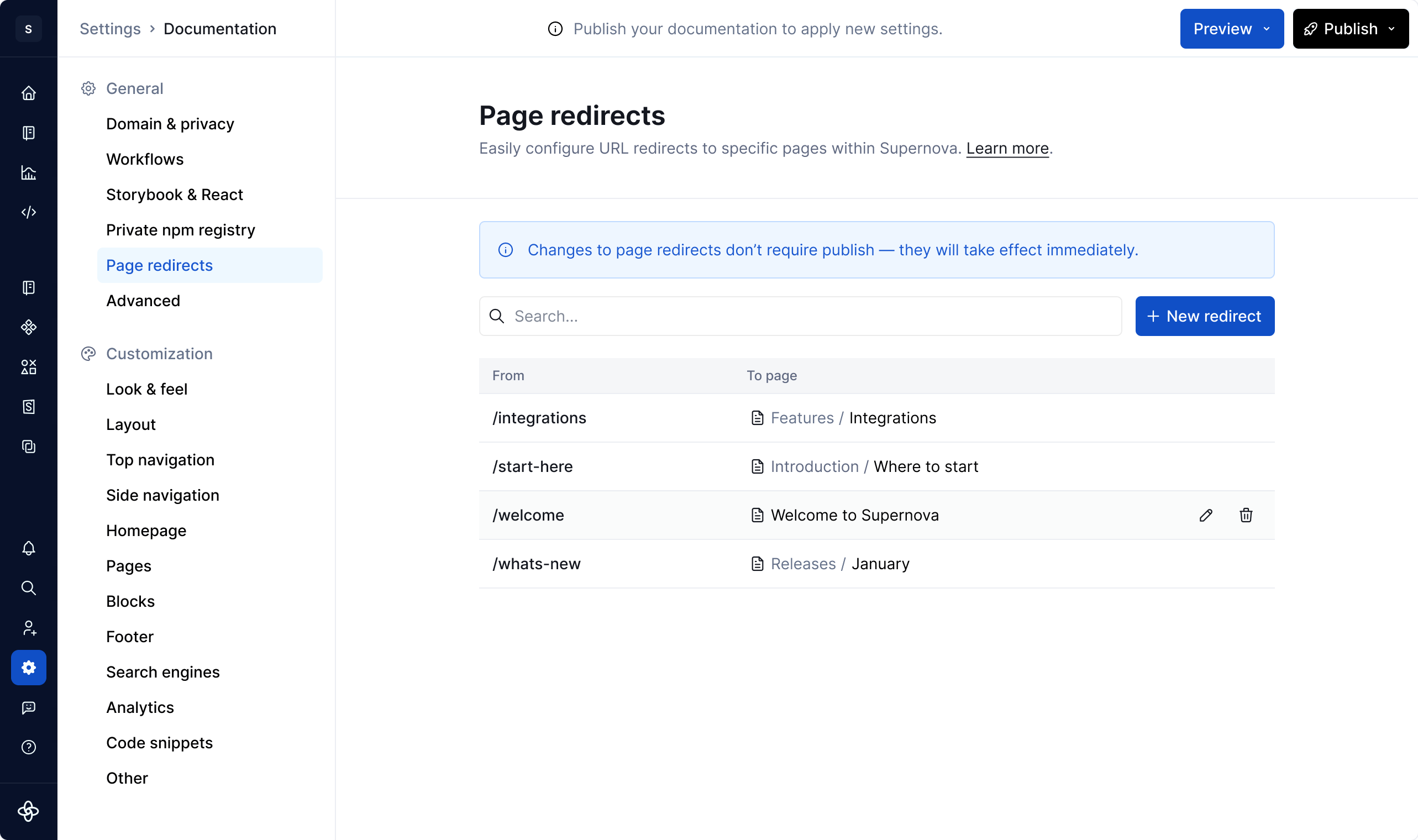 Edit page redirects in Documentation settings