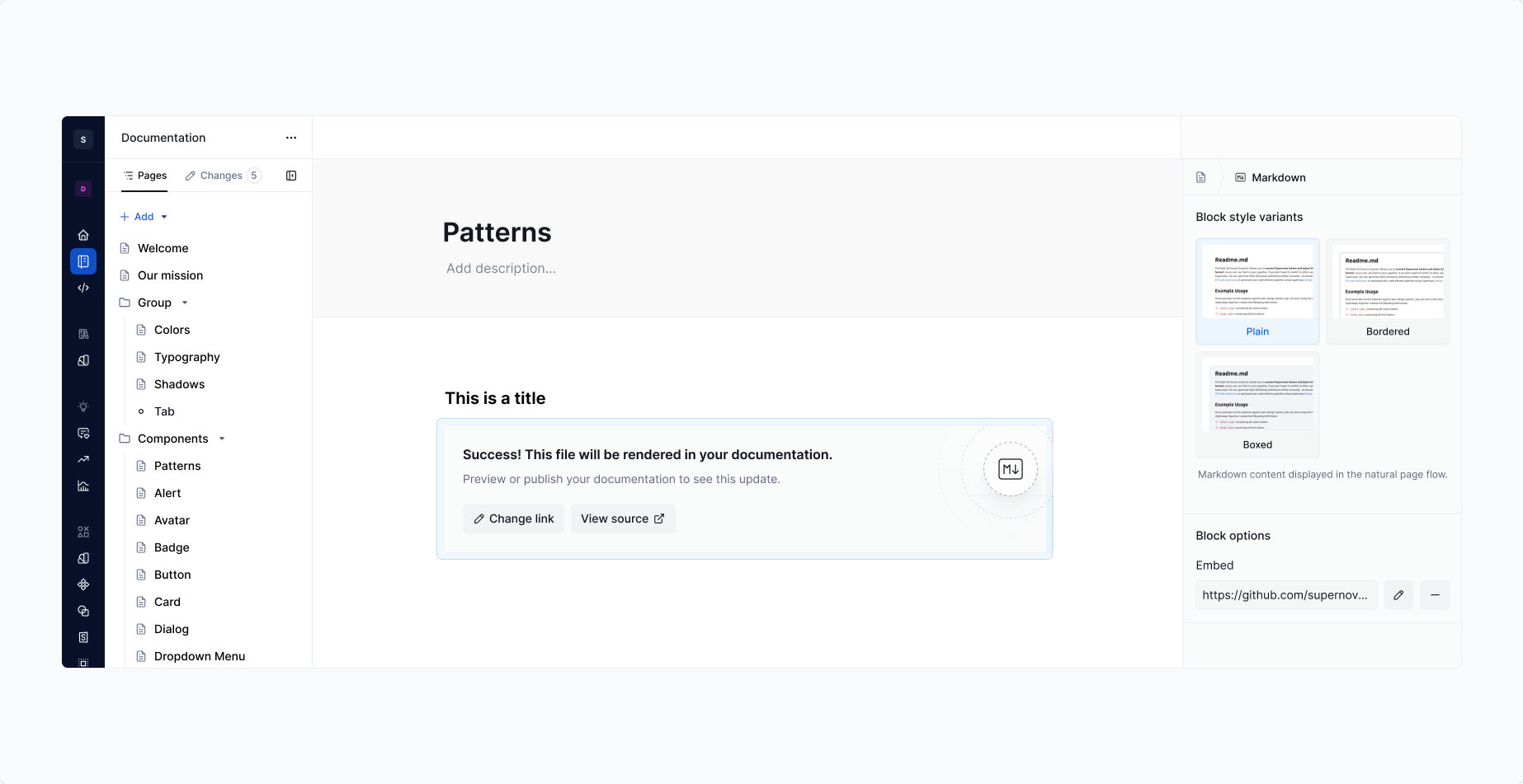 Markdown block: property panel