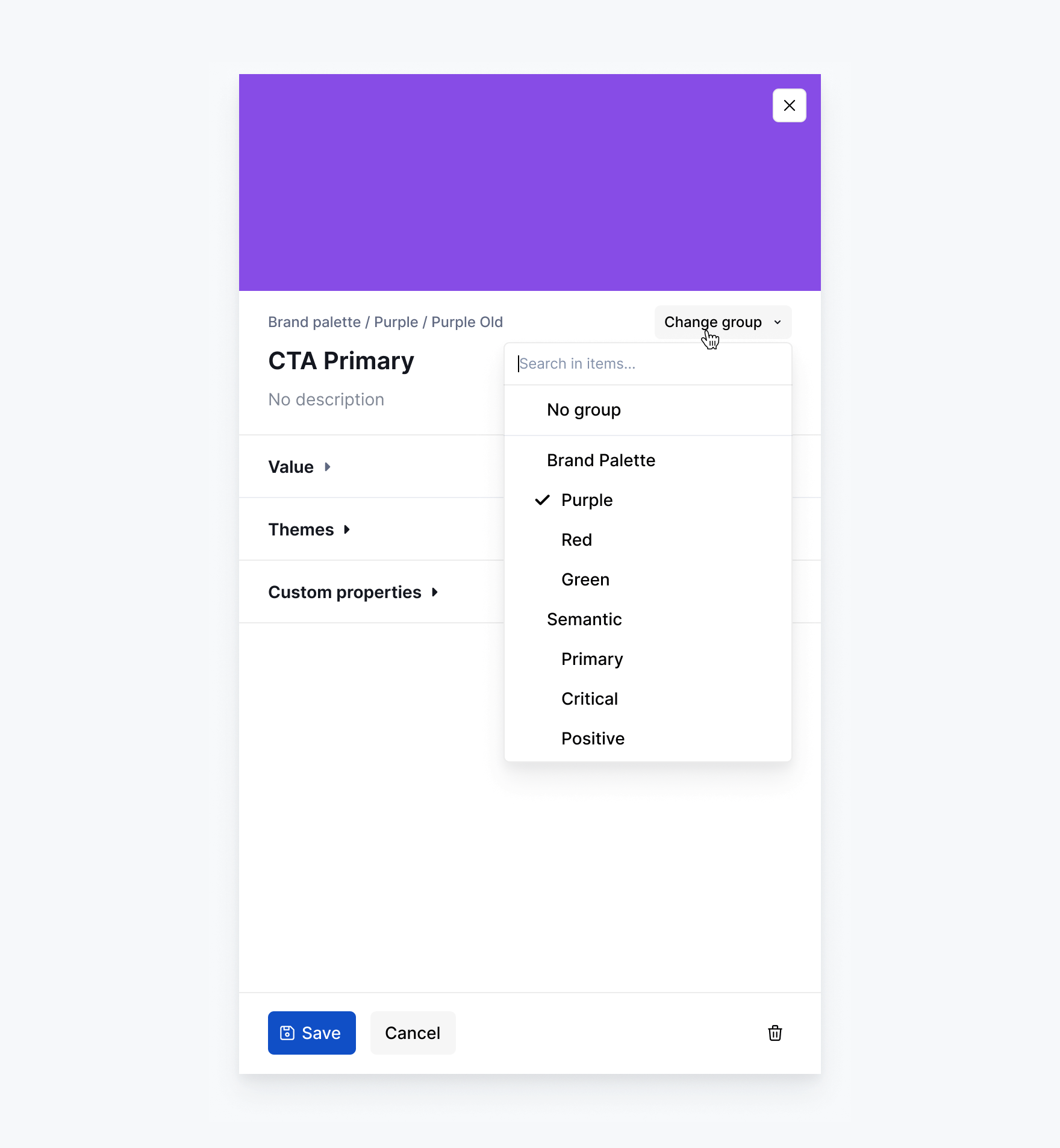 Token groups: Menu in drawer