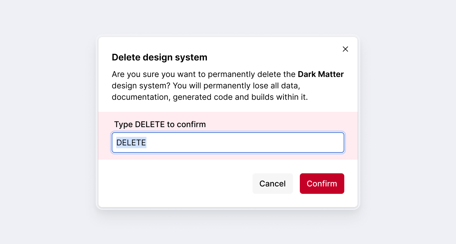 Delete design system dialog