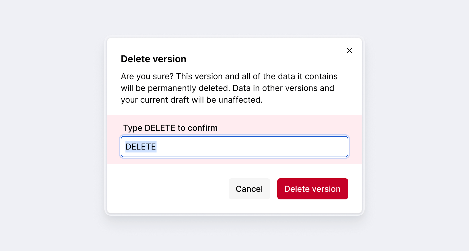Deleting a version requires confirmation.