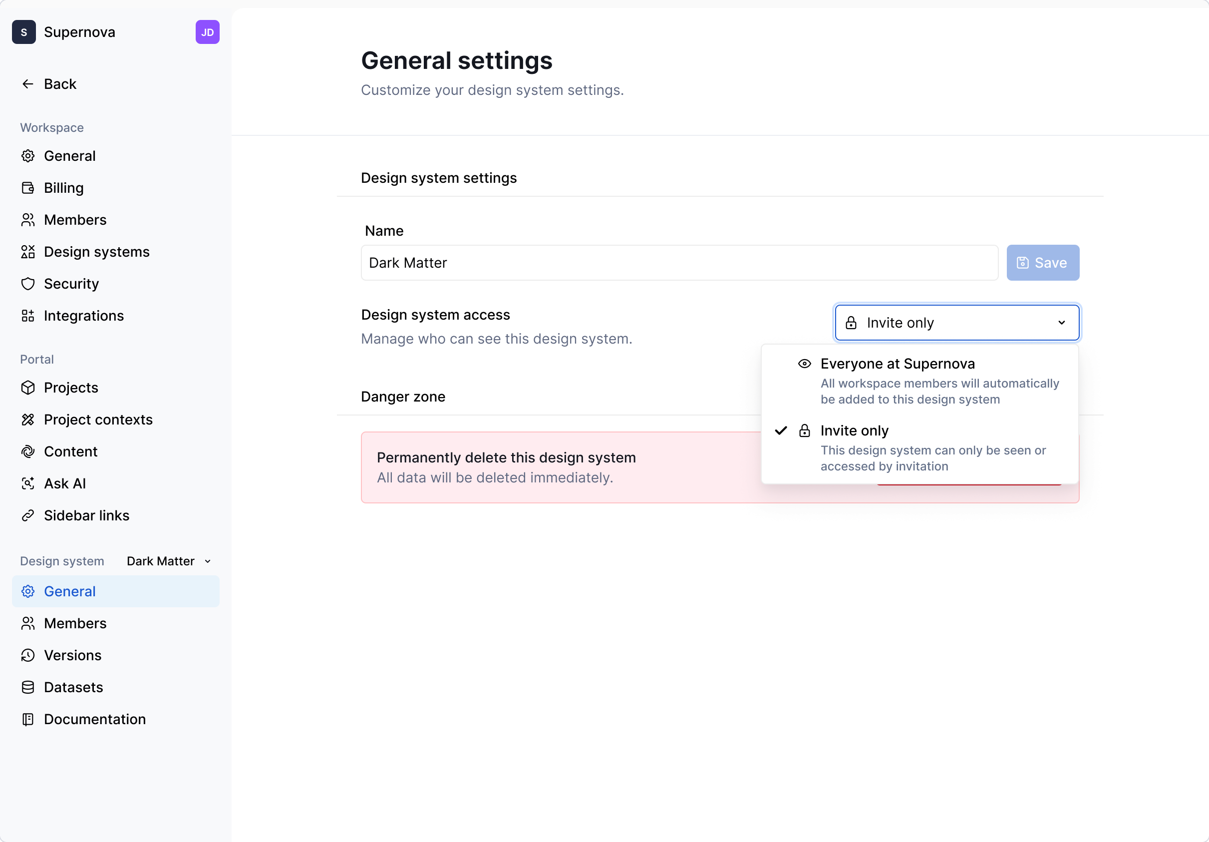 Changing design system access settings.