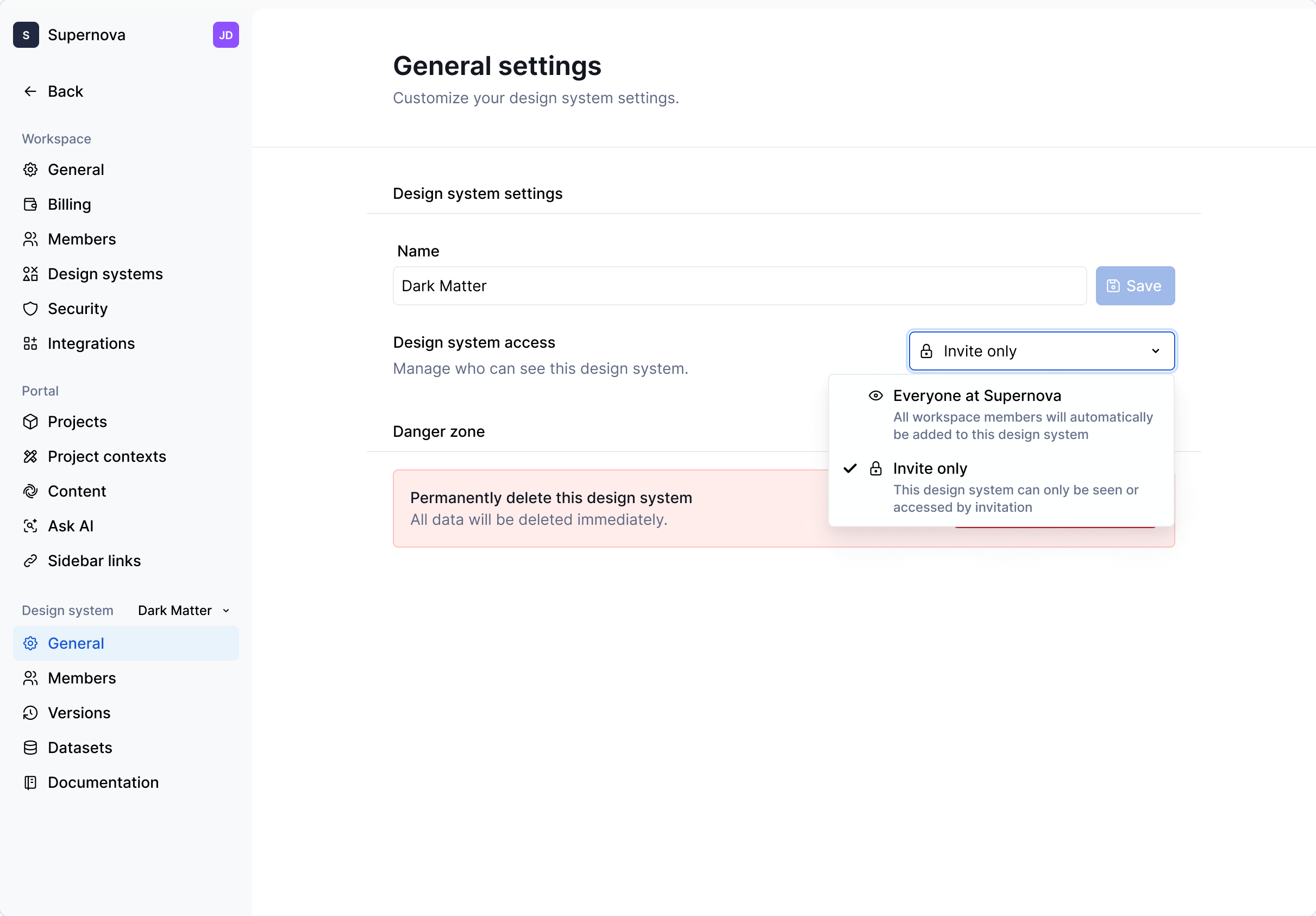 Changing design system access settings.