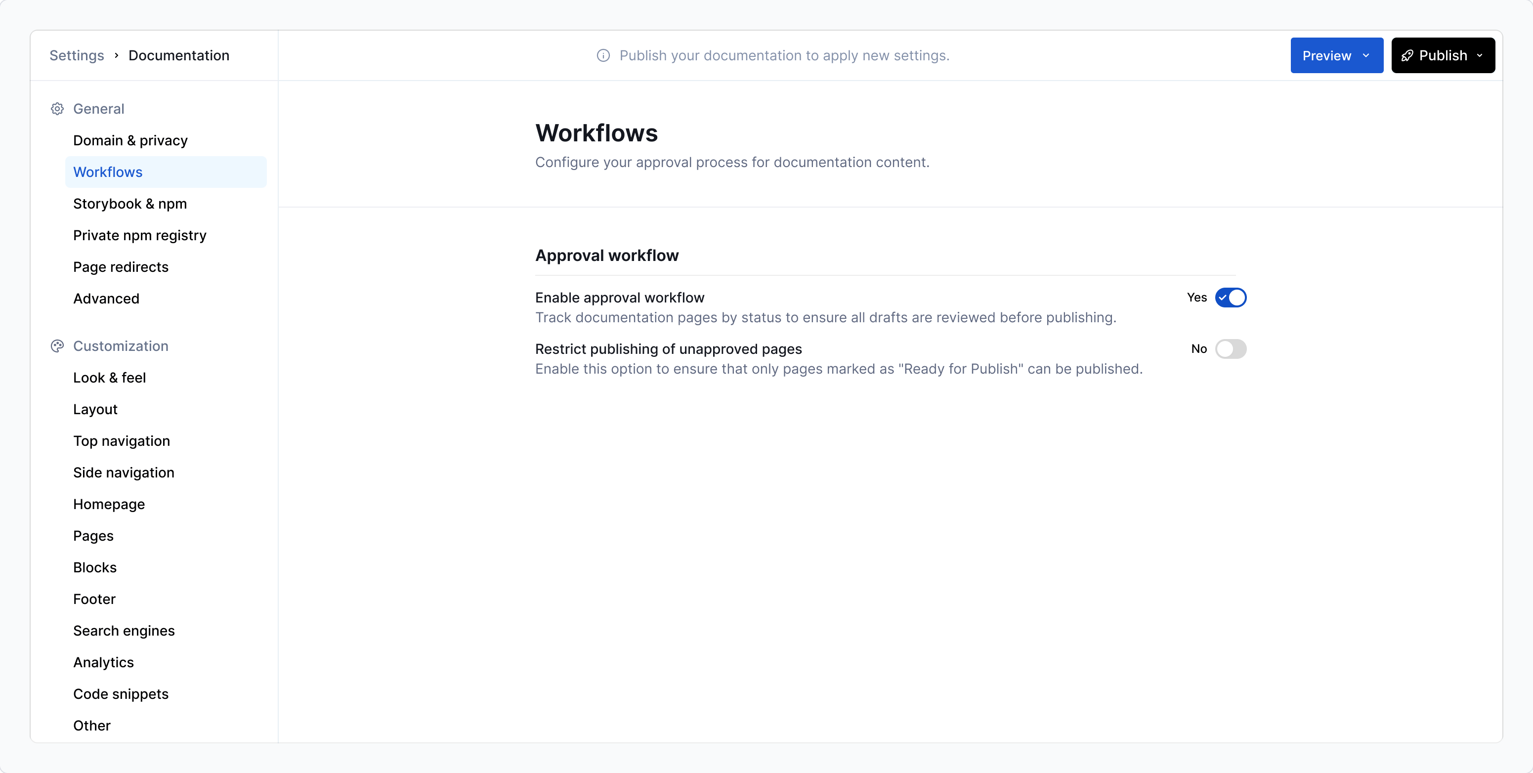 Enable approval workflow in documentation settings.