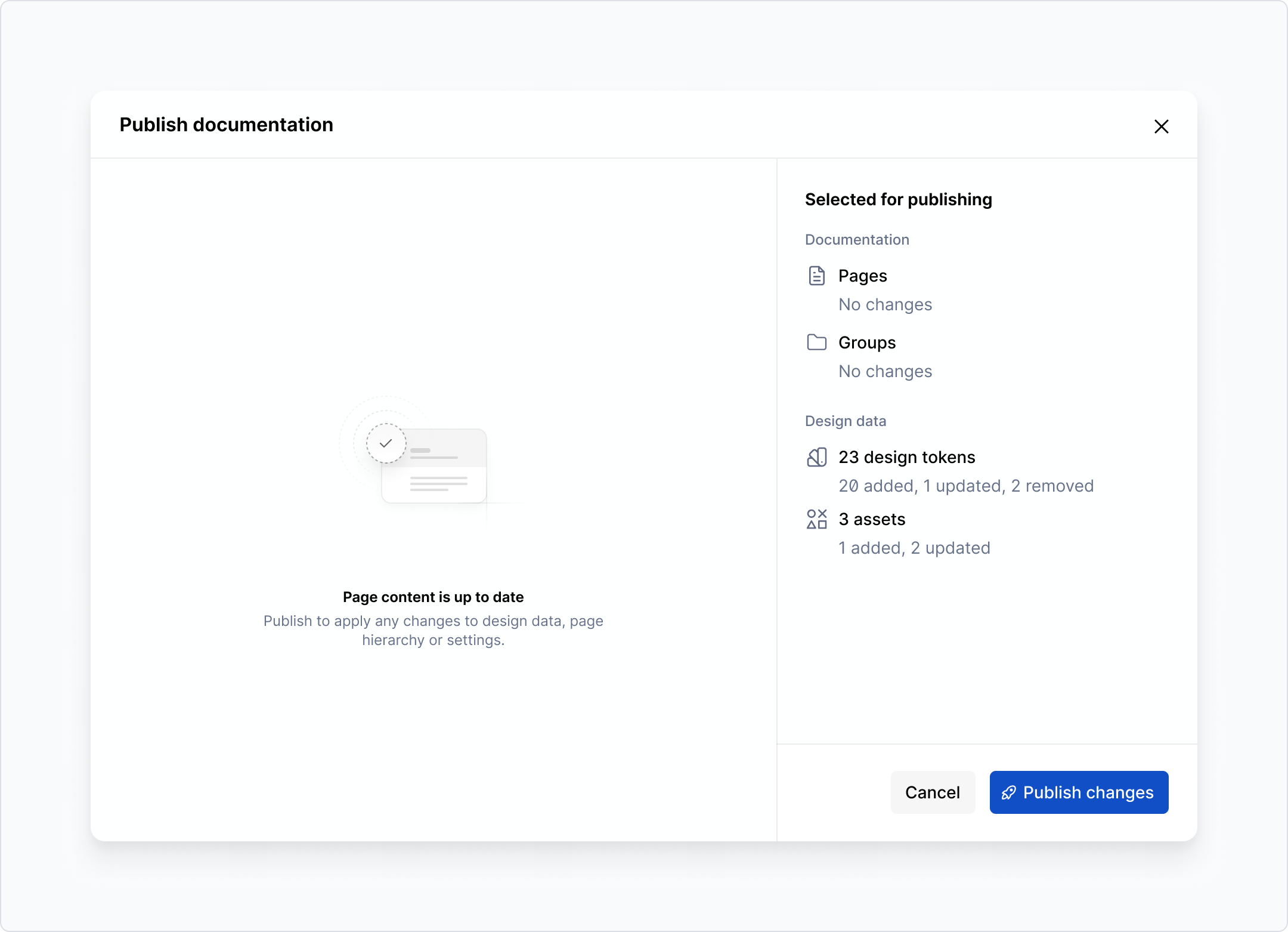 Publish dialog with page content up to date, but with design data changes.