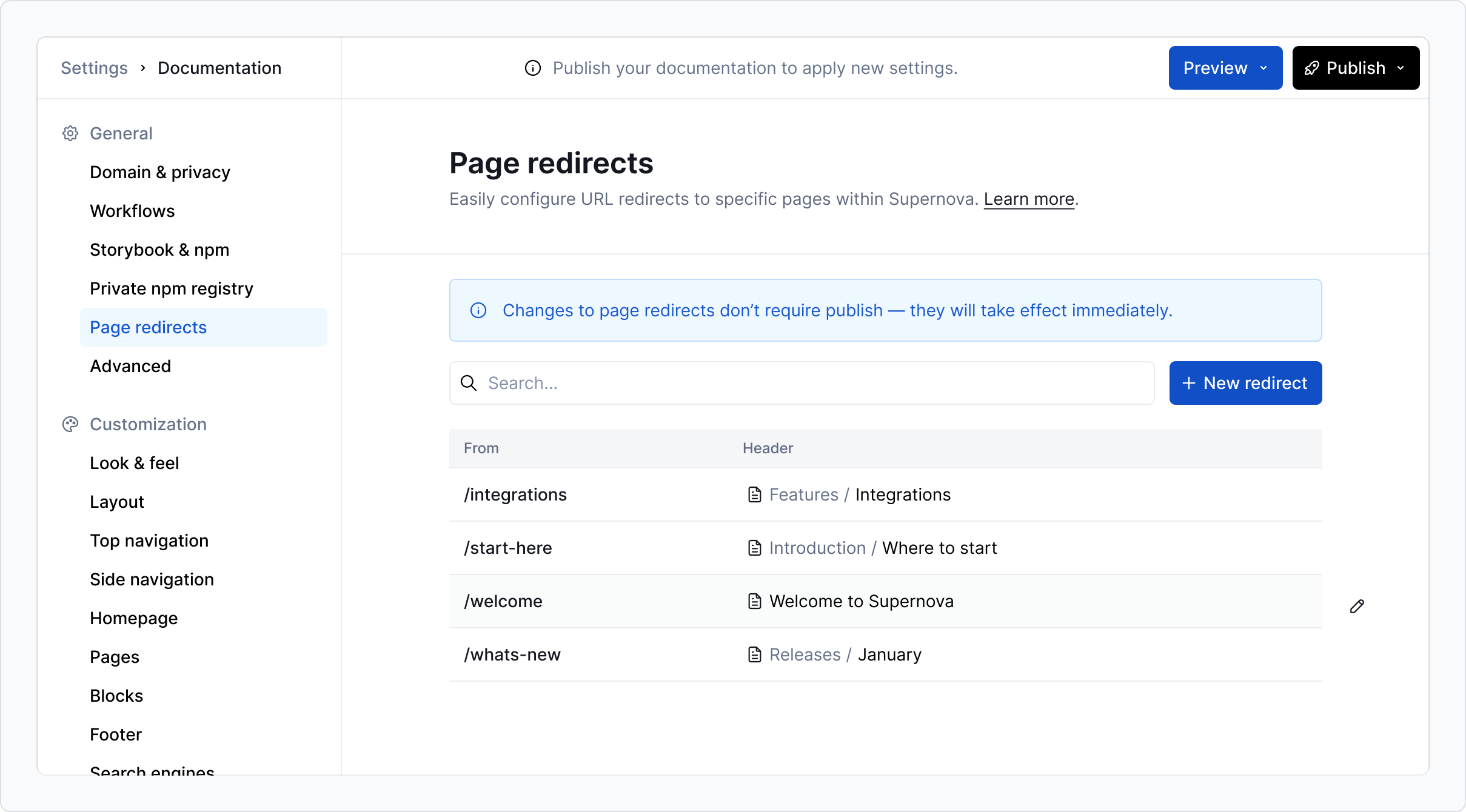 Settings page for creating page redirects