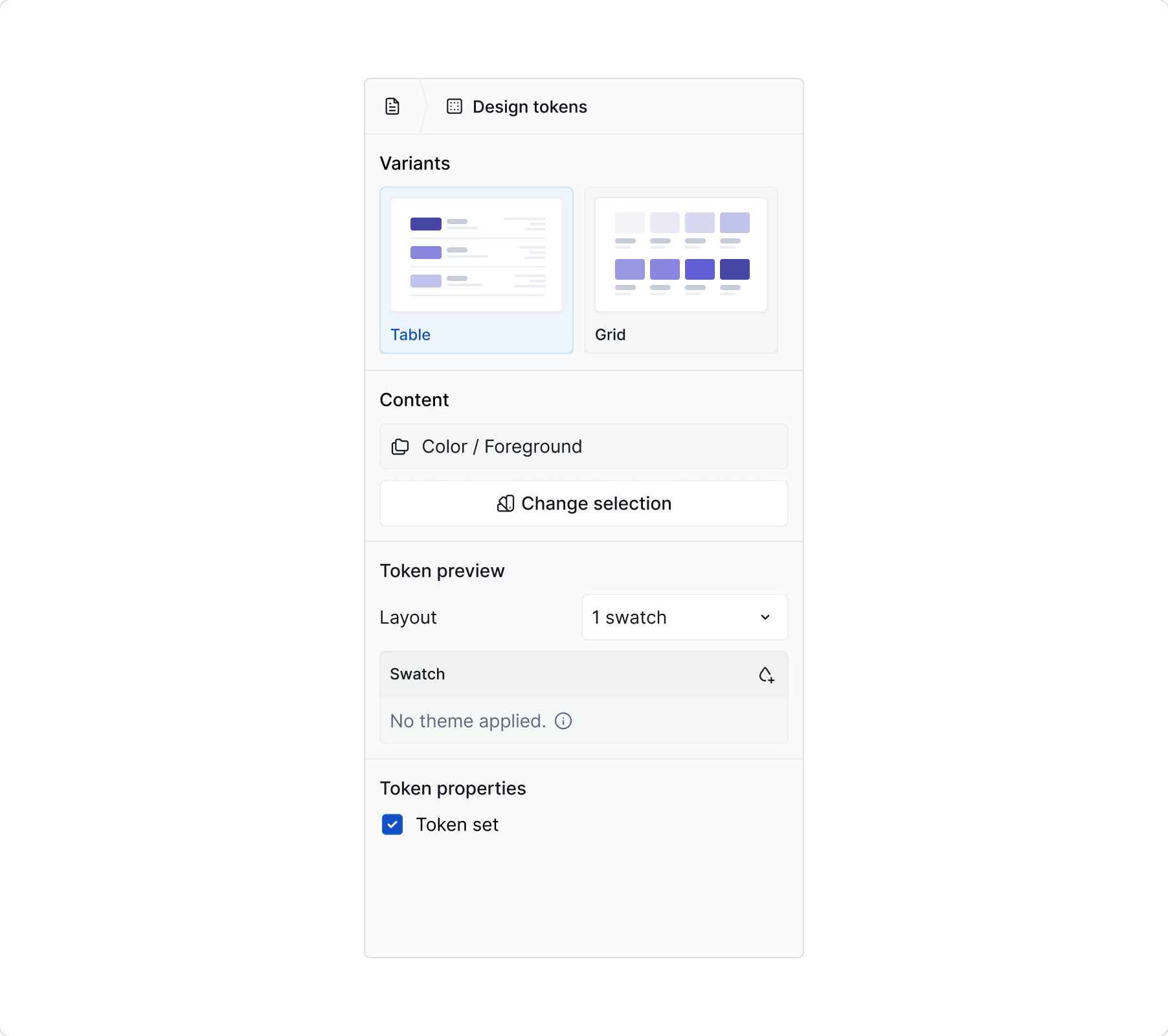 Design tokens - property panel