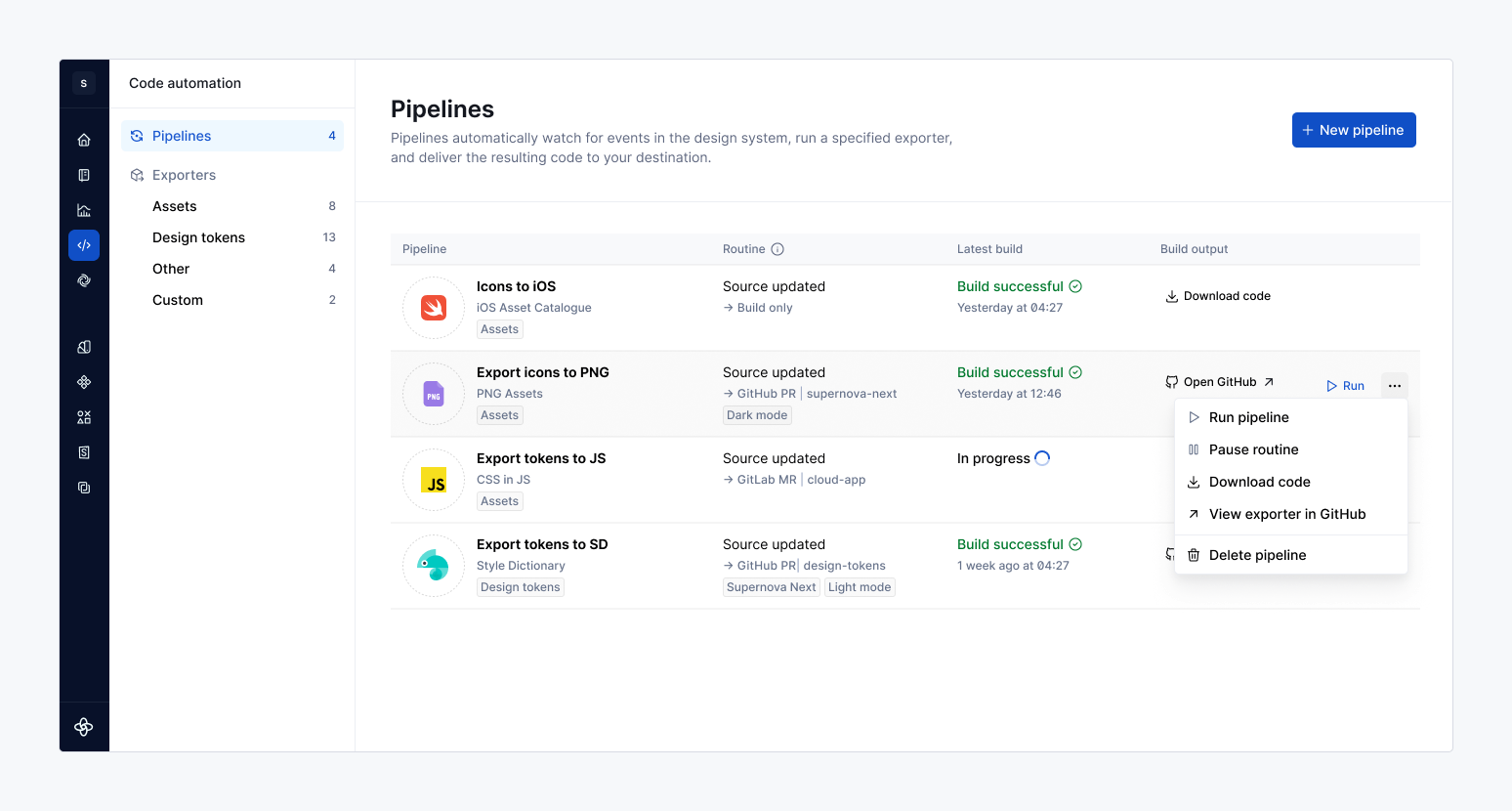 Pipelines table - context menu