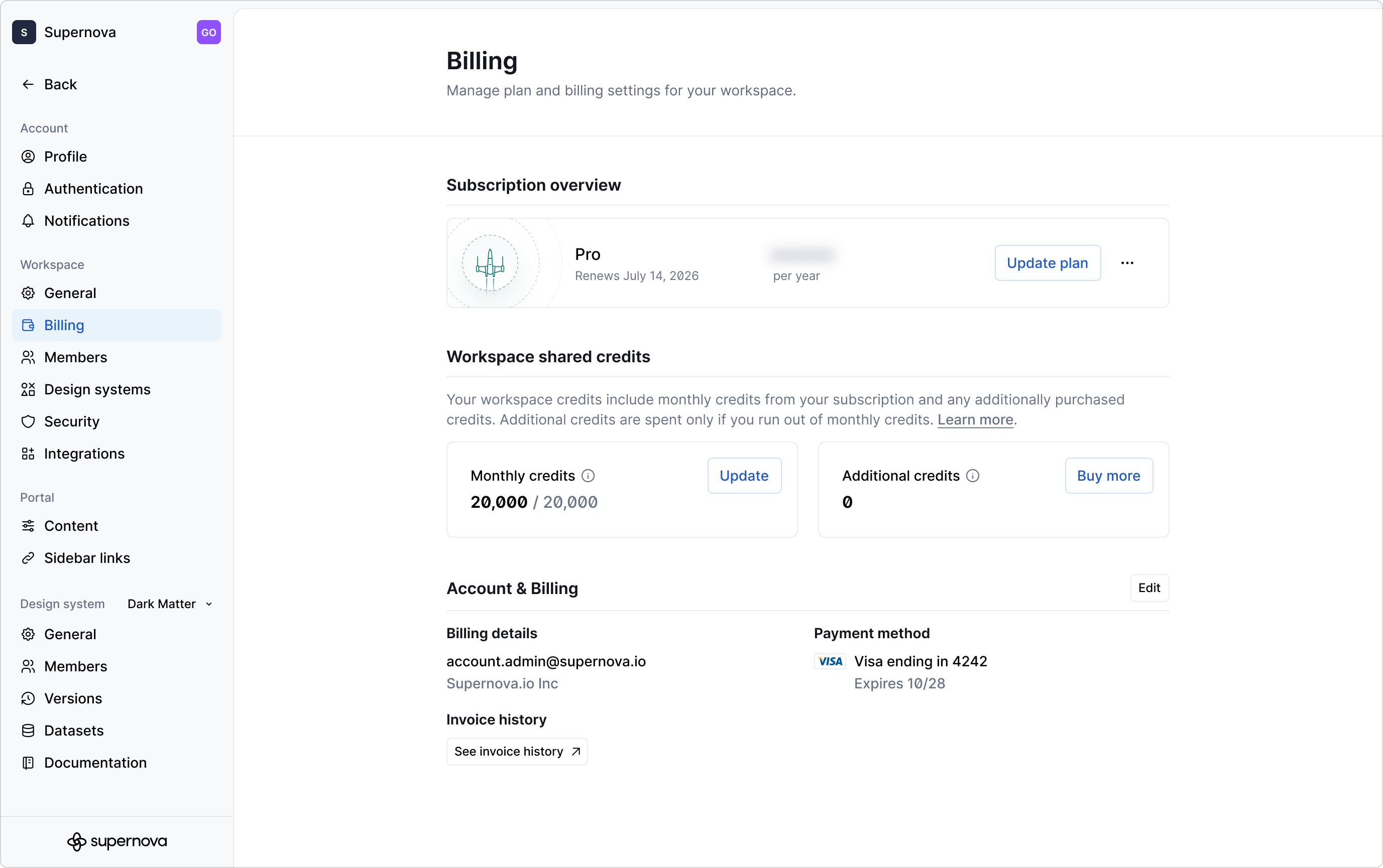 An example of the billing page for with a Pro subscription.