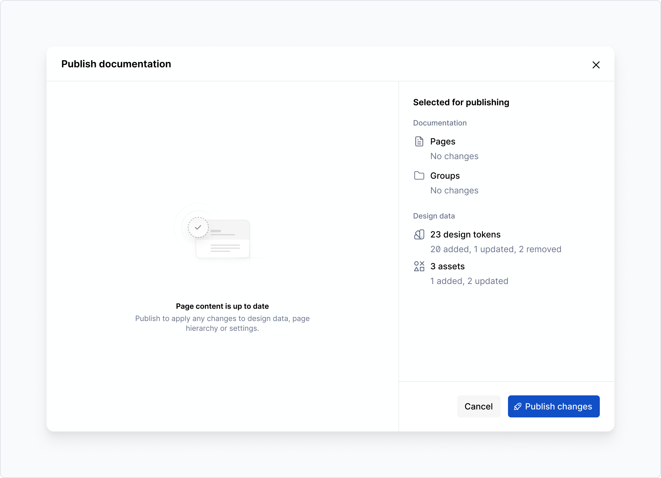 Publish dialog with page content up to date, but with design data changes.