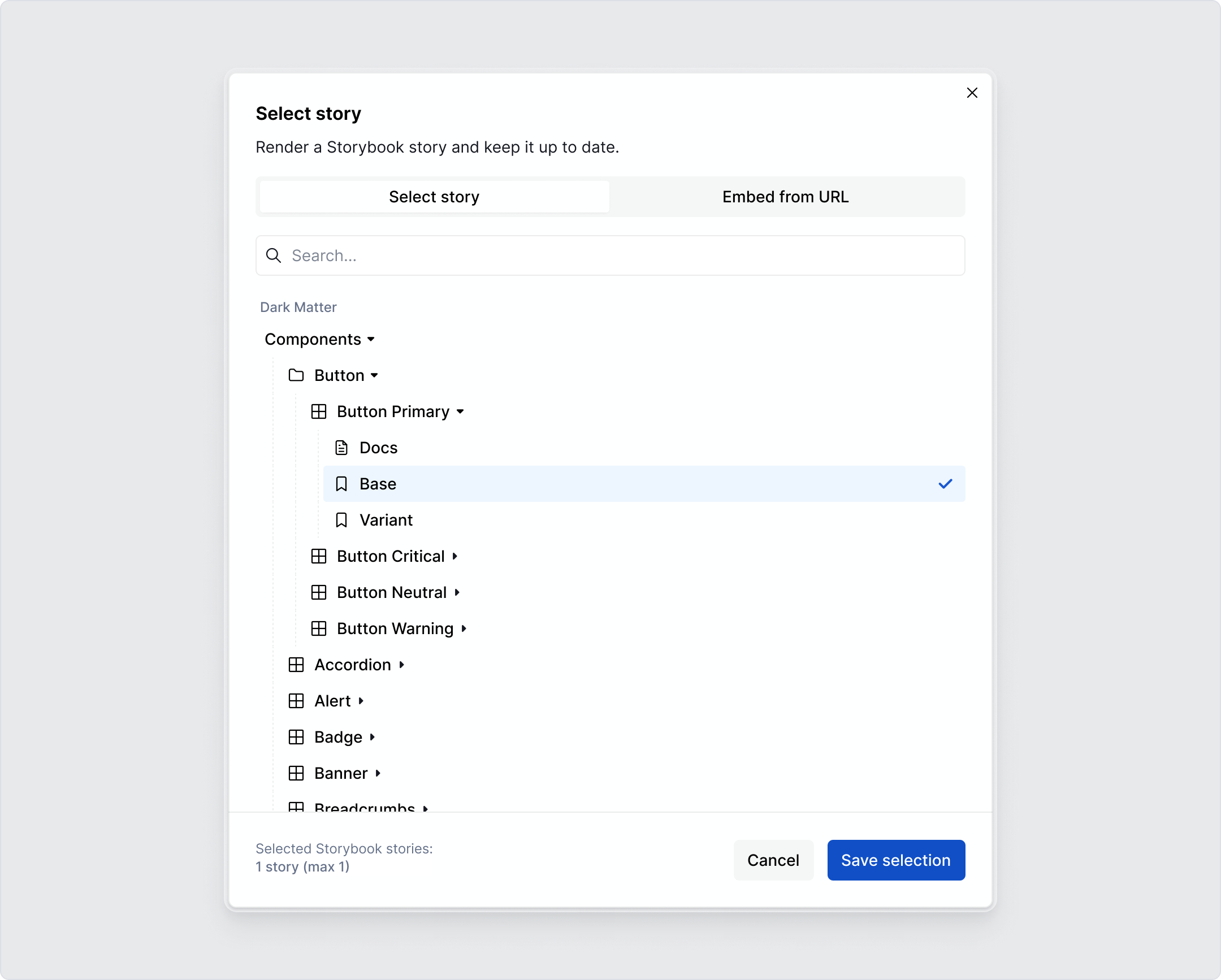 Browse through all of your stories to select which to embed in your docs.